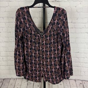 Billabong Geometric Me Knot Oversized Lagenlook Bell Sleeve Top Boho Size Small